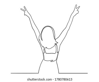 Happy woman standing   making peace sign and hands  Fingers in peace sign  lettering keep calm   hashtag stay at home  Concept joy  continuous line drawing happy woman holding two finger  