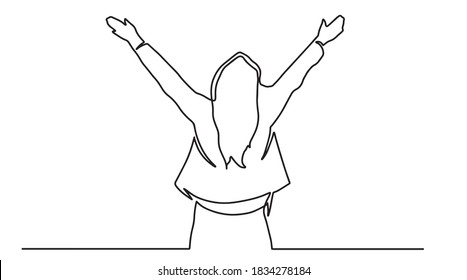 Happy woman standing and making peace sign with hands. Fingers in peace sign, lettering keep calm and hashtag stay at home. Concept of joy. continuous line drawing of happy woman holding two finger .