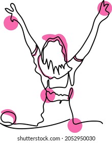 Happy woman standing and making peace sign with hands line drawing. Line drawing for social media and print media.