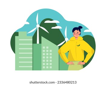 Happy woman standing near city with wind turbines. Engineer standing at location for obtaining green energy. Eco energy concept. Flat vector illustration in green and yellow colors