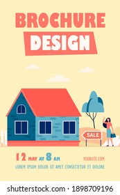 Happy woman standing near house for sale flat vector illustration. Cartoon real estate agent or home seller presenting cottage. Mortgage and building concept