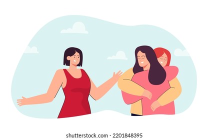 Happy woman standing next to hugging friends or girlfriends. Smiling couple embracing flat vector illustration. Love, care, friendship concept for banner, website design or landing web page