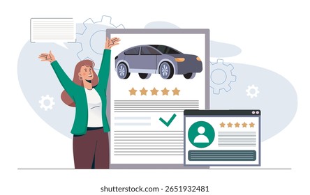 Happy woman standing next to large screen showing car with five-star rating, digital style on white background. Concept of positive car review. Flat cartoon vector illustration