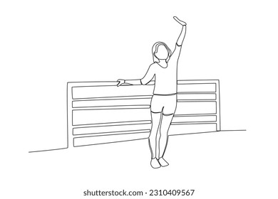 A happy woman standing on the boat. Harbor activities one-line drawing