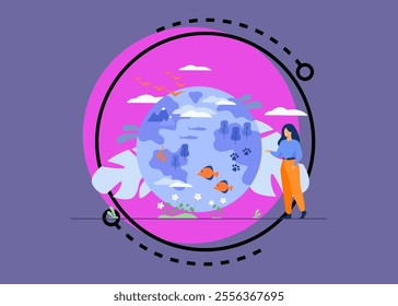 Happy woman standing and pointing on globe with flora and fauna diversity flat vector illustration. Earth habitats, ocean animals, plants and wildlife. Biodiversity, conservation and climate concept