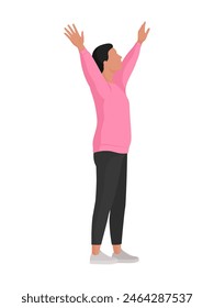 Happy woman standing with raised arms, freedom and celebration concept