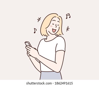 Happy woman standing smile, holding mobile phone. Hand drawn style vector design illustrations.