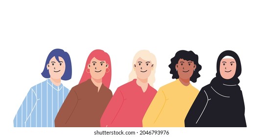 Mujer feliz uniéndose en la diversidad. Un grupo de amigas, una unión feminista, una fraternidad. Las mujeres dan poder en personajes planos personas con un fondo blanco aislado. Ilustración vectorial colorida