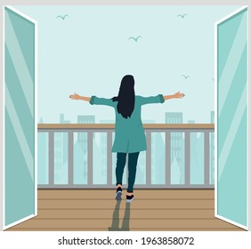 A happy woman stands on the balcony in the morning and looks at her city.   The beginning of a new day, a good start. Good morning. Vector illustration in cartoon style.