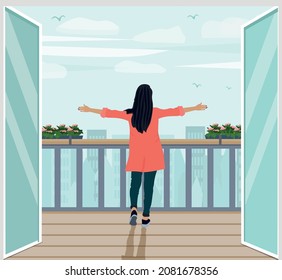 A happy woman stands on the balcony and looks at her city.   A new day, a good start. Vector illustration.