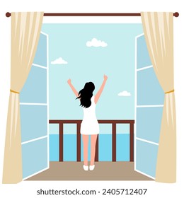 A happy woman stands on the balcony and looks at the beach. A new day, new life, a good start vector illustration.
