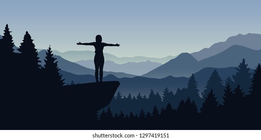 happy woman stands on a cliff in the forest with mountain view nature landscape vector illustration EPS10