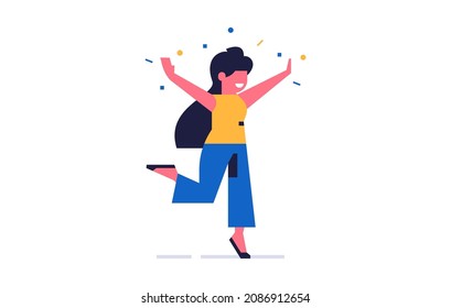 A happy woman stands on one leg and spreads her arms to the sides with joy. The girl has happy emotions. Flat vector illustration isolated on background.