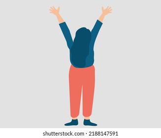 Happy Woman Stands With Raised Hands. A Joyful Girl Joins Events With Her Open Arms. Concept Of Happiness, Inner Peace, Positive Thinking, Freedom And Mental Health Wellbeing. Back View. Vector Stock.