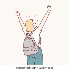 Happy woman stands with raised hands. A joyful girl joins events with her open arms. Hand drawn style vector design illustrations.