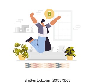 happy woman starting her day with charged battery full of energy female character morning activity concept