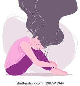 Happy woman with streaming hair sits on the floor. Body positive and health care concept. Vector illustration in flat cartoon style