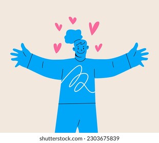 Happy woman stretch arms waiting for love. Smiling girl share affection and feelings. Colorful vector illustration
