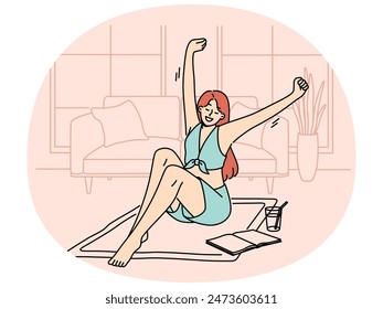 Happy woman stretching on mat at home floor reading book enjoying cold drink. Smiling girl relaxing in apartment on weekend. Vector illustration.