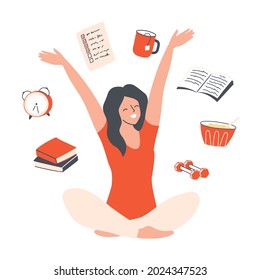 Happy woman stretching and planning her day - reading, exercising, healthy breakfast. Morning routine and daily schedule. Flat vector illustration.