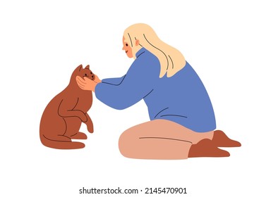 Happy woman stroking cat. Owner of feline animal petting it with love, holding and touching muzzle. Tenderness, caress of female and cute kitty. Flat vector illustration isolated on white background