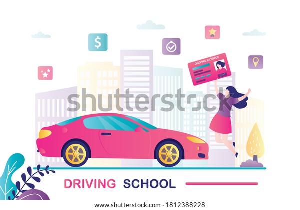 Happy woman\
student who got driving license. Concept of driving school,\
education and drive lesson. Female character near modern car. City\
view on background. Flat vector\
illustration
