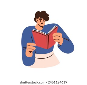 Happy woman studying, reading book. Smiling female reader holding open textbook, learning. Student enjoying education, preparing for exam. Flat vector illustration isolated on white background