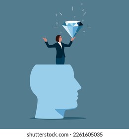 Happy woman succeed finding valuable diamond inside his head. Finding yourself searching for self value, success dream. Modern vector illustration in flat style 