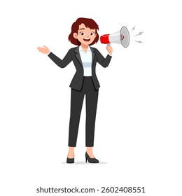 Happy Woman in Suit Speaking Through Megaphone with Positive Expression and Hand Gesture