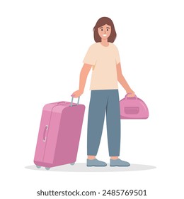 Happy woman with suitcase and bag. Traveling female character with luggage. Departing or arriving passenger ready to travel. Vector illustrations isolated on white background.
