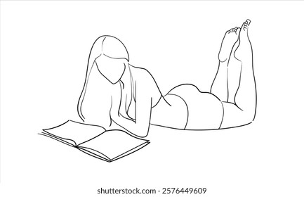 Happy woman sunbathing while reading a book continuous line art drawing isolated on white background. Vector illustration	