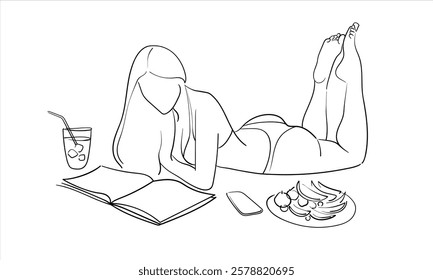 Happy woman sunbathing while reading a book continuous line art drawing isolated on white background. Vector illustration	