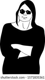 Happy woman in sunglasses - stylized simple black and white hand drawn portrait