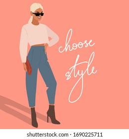 Happy woman in sunglasses. Young fashion woman. Choose style phrase. Vector flat illustration.