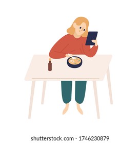 Happy woman surfing internet watching at tablet during eating food vector flat illustration. Colorful domestic female sitting at table with plate of soup use modern device isolated on white