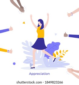 Happy woman surrounded by clapping hands of applauding people. Concept of social success, public approval, positive feedback, appreciation. Modern flat colorful vector illustration for poster.