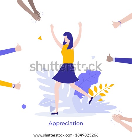 Happy woman surrounded by clapping hands of applauding people. Concept of social success, public approval, positive feedback, appreciation. Modern flat colorful vector illustration for poster.