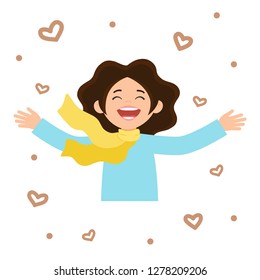 Happy woman surrounded by hearts. Joyful girl widely spread her hands to the side and smiling with happiness. Vector illustration.
