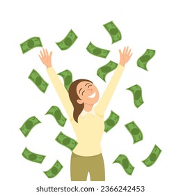 A happy woman surrounded by money banknotes flying in air on a white background, icon style, sticker, illustration, vector, cartoon, EPS 10. 