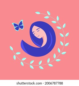 Happy woman surrounded by nature, 
butterfly and leaves.
