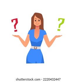 Happy woman surrounded by question marks, flat vector illustration isolated on white background. Concepts of choice, doubts, problems and dilemmas.