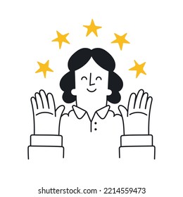 Happy woman surrounded by stars. Outline, linear, thin line, doodle art. Simple style with editable stroke.