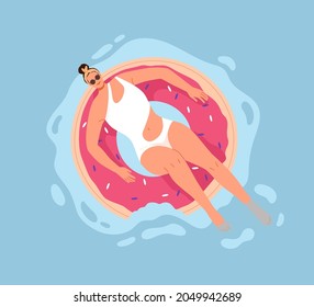 Happy woman swimming in pool water with inflatable donut ring. Person enjoying summer on rubber doughnut. Top view of female in swimsuit and sunglasses resting on beach tube. Flat vector illustration