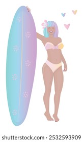 Happy woman in swimsuit, bikini, lady with bob haircut and flower in hair, girl with a surfboard, love to surfing, vector colorful gradient illustration