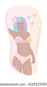 Happy woman in swimsuit, lady with bob haircut and flower in hair, gradient colorful illustration