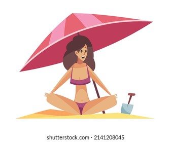 Happy woman in swimsuit sitting on sandy beach under umbrella flat vector illustration