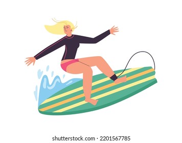 Happy woman in swimsuit surfing in the sea or ocean, flat vector illustration isolated on white background. Character riding waves on surfboard. Summer vacation activity.