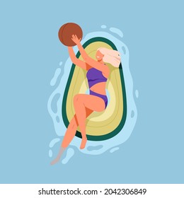 Happy woman in swimwear floating on rubber avocado ring. Top view of person playing with ball, swimming on inflatable beach tube in water, relaxing on summer holidays. Colored flat vector illustration