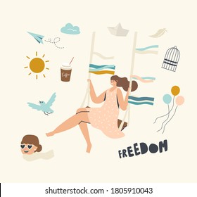 Happy Woman Swinging on Seesaw Feeling Joy and Happiness for Freedom. Female Character Leaving Home after Covid 19 Lockdown, Enjoying Life. Cage, Balloons and Sun with Dove. Linear Vector Illustration