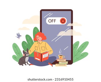 Happy woman switched her smartphone off, digital detox concept, flat vector illustration isolated on white background. Person reading books, drinking tea and petting dog.